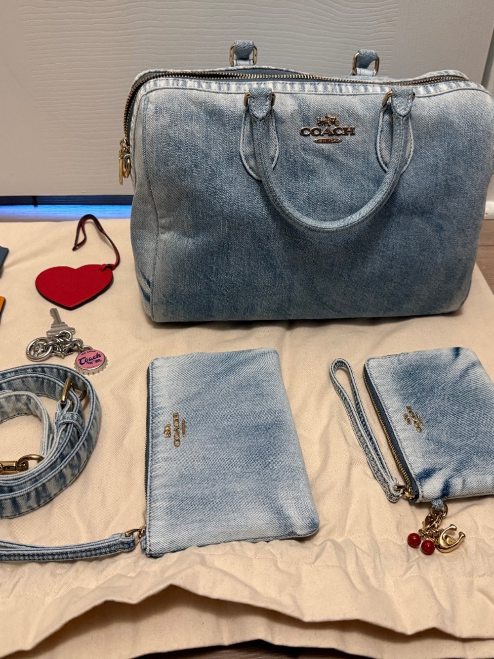 Coach Outlet Rowan Large Satchel Bag In Loved Denim With Pouches(2) and Charms - Picture 5 of 6